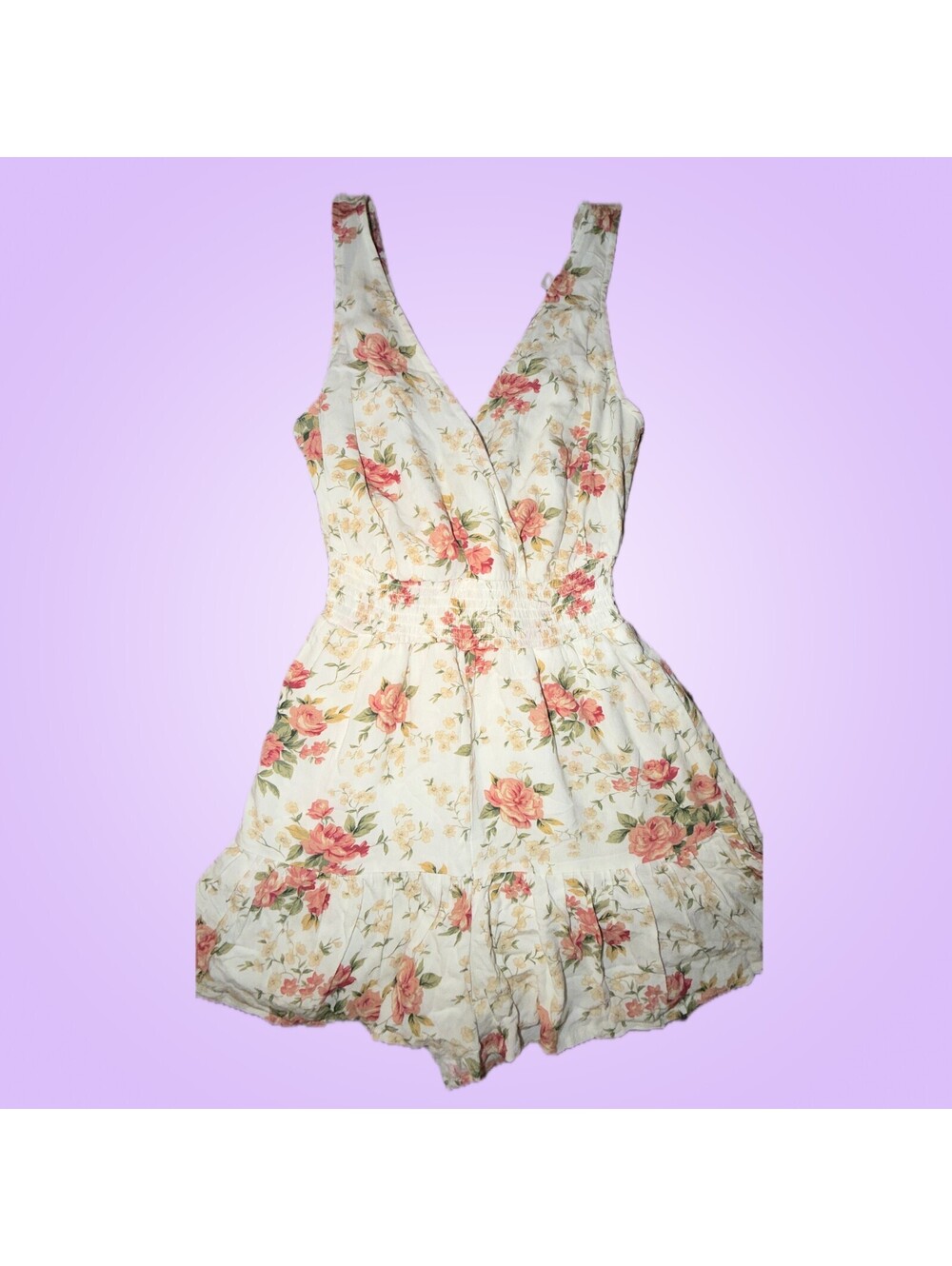 American Eagle Women’s Medium Ivory Pink Rose Floral Smocked Ruffle Romper